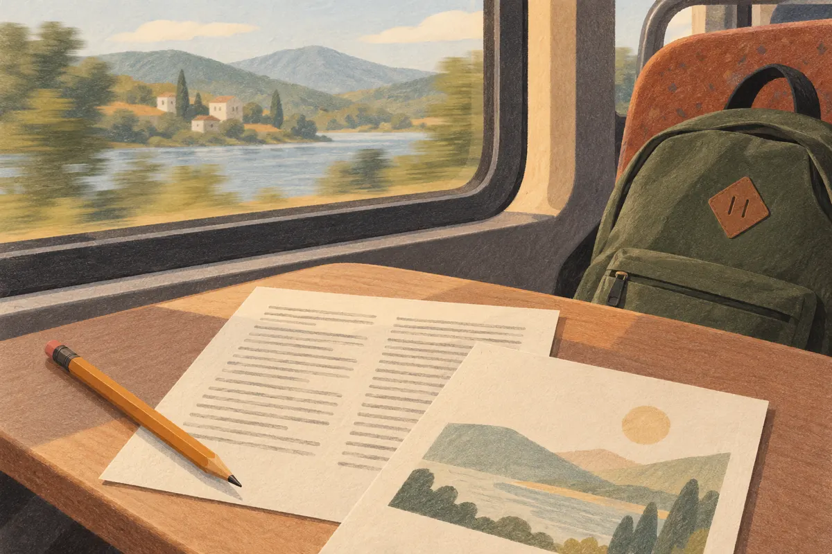 Ilustracja kartki do powtórek z zasłoniętą kolumną odpowiedzi obok plecaka i okna autobusu.