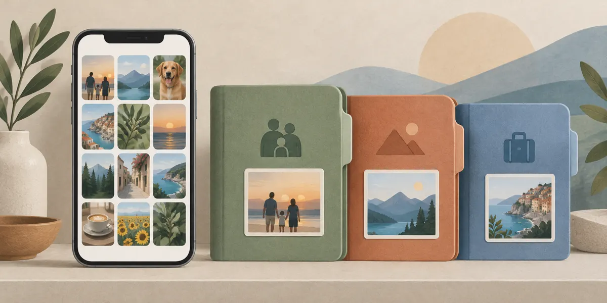 Ilustracja telefonu z miniaturami zdjęć pogrupowanymi w albumy.
